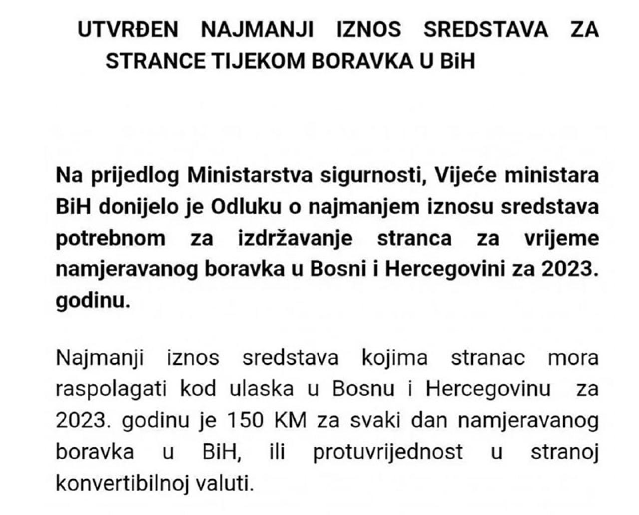 Odluka Vijeća ministara BiH - Evo koliko novca treba imati svaki stranac pri ulasku u BiH