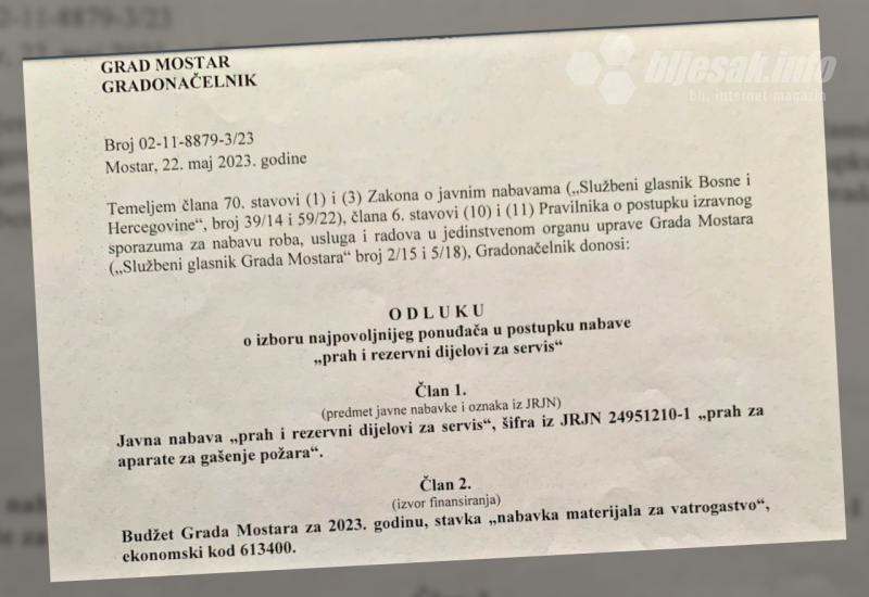 Odluka o izboru najpovoljnijeg ponuđača - prah - Grad Mostar nabavio prah za oko 2 tisuća maraka