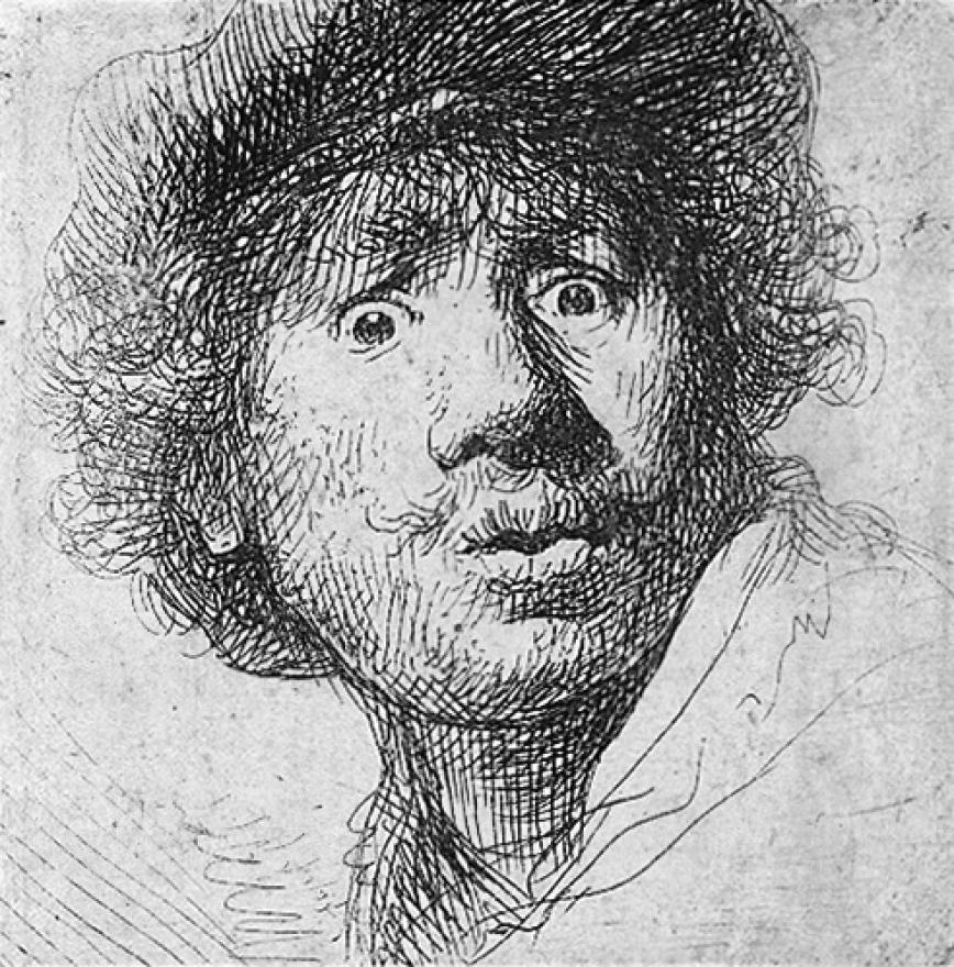 Autoportret u kapi sa širom otvorenim očima, bakropis, 1630. - Rođen Rembrandt, jedan od najpoznatijih slikara u povijesti