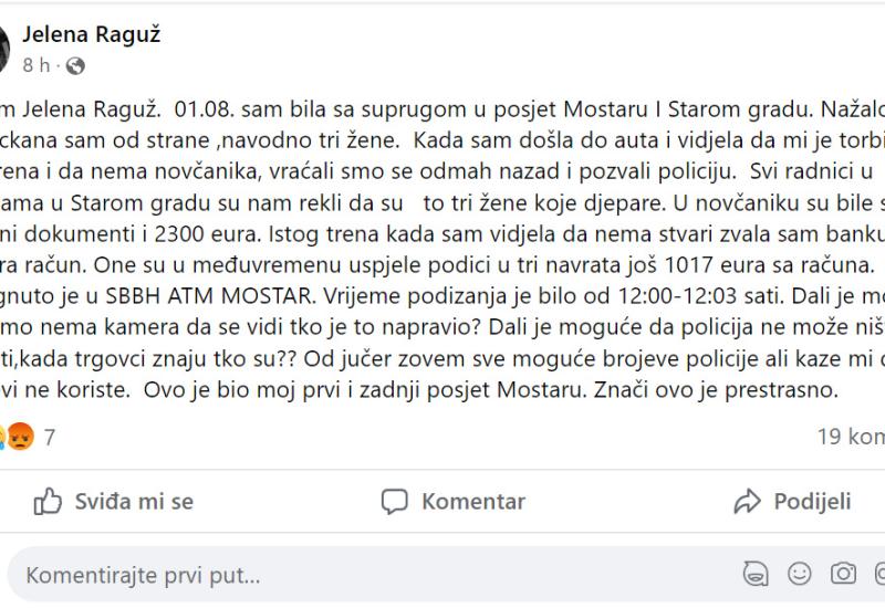 Objava na Facebooku - Prvi put posjetila Mostar i ostala bez više od 3 tisuće eura