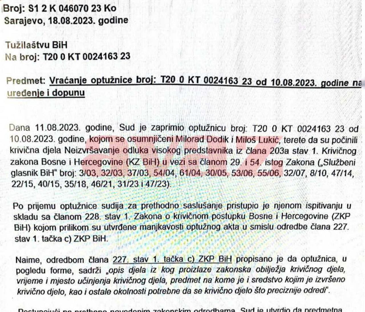 Odluka Suda - Optužnica protiv Dodika vraćena na doradu