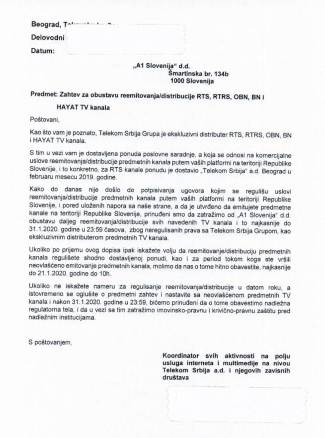 Hayat dokument - Telekom Srbije ukinuo Hayat u Sloveniji jer A1 nije platio za RTS