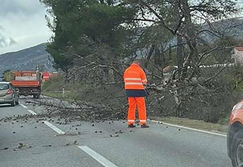 Uklanjanje oborenog stabla u Ortiješu - U mostarskom naselju Ortiješ oboreno stablo na cestu, intervenirala cestarska služba