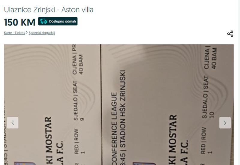 Dvije ulaznice za utakmicu između HŠK Zrinjski i Aston Ville - Preprodaja: Vrtoglave cijene ulaznica za utakmicu između HŠK Zrinjski i Aston Ville