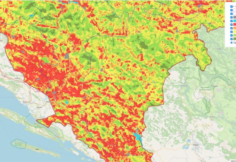 Interaktivna mapa o podložnosti šumskim požarima u BiH - Objavljena prva mapa podložnosti šumskim požarima: Evo kako stoji Hercegovina 