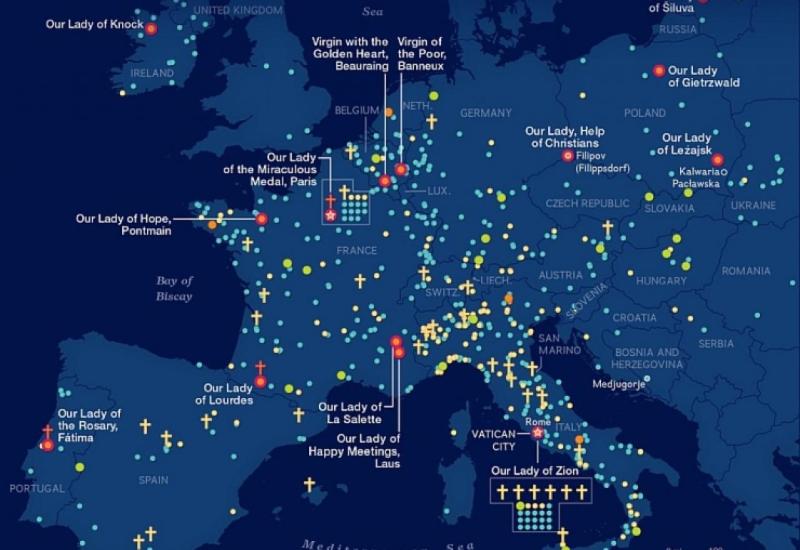 Karta Gospinih ukazanja - Ovih 12 svetišta Gospinih ukazanja priznata su od Vatikana