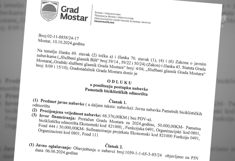 Odluka gradonačelnika o poništenju postupka nabave - Nitko Gradu Mostaru ne želi nabaviti pametna biciklistička odmorišta?